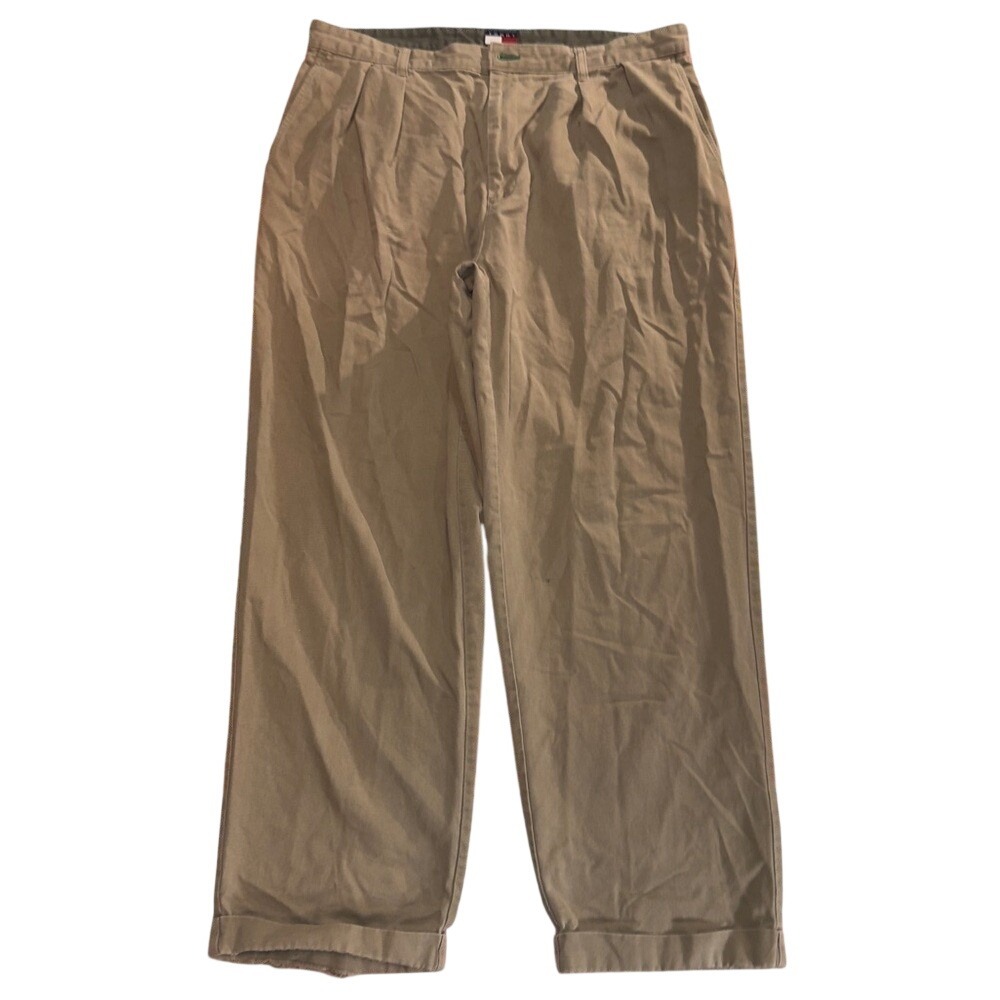 Tommy Hilfiger Mens Tan Khaki Chinos Pleated Pants 38x30 Cotton Cuffed Regular